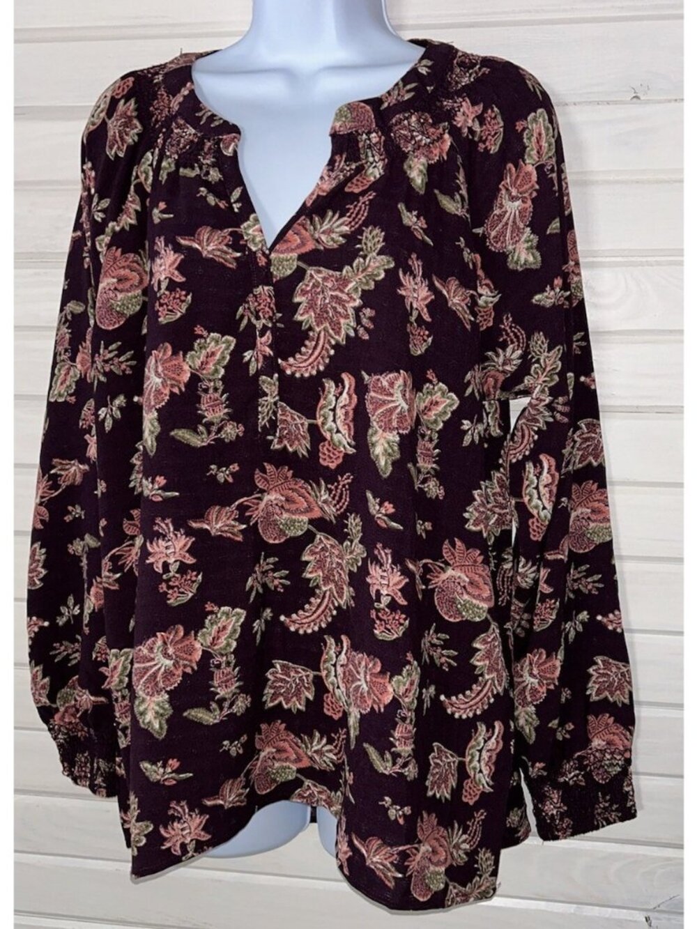 Wonderly Sz MEDIUM Burgundy Floral Paisley Dobby Peasant Blouse Cottagecore EUC